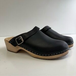 Lotta From Stockholm Black Leather Swedish Clogs Wooden Heel EU 40
